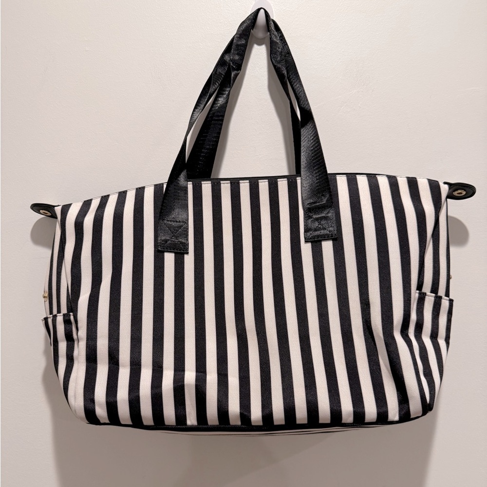 Alice + Olivia Stacey Bendet Black and White Striped Duffle Tote Bag NWT